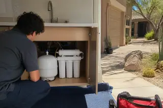 Technician inspecting a new reverse osmosis unit and pressure tank under a sink in a Tempe, AZ home.