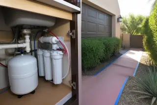 Reverse osmosis system with clean filters and stainless steel hardware installed under a sink in a Tempe, AZ home.