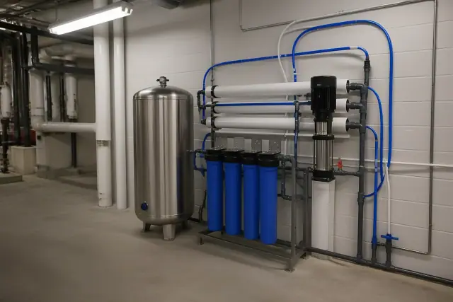 Reverse osmosis filtration system with a stainless steel tank in a commercial mechanical room in Tempe, AZ.