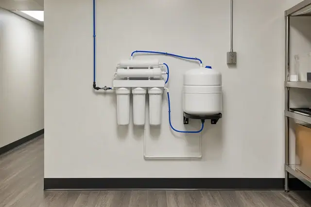 Reverse osmosis filtration system installed on a wall in a service room in Chandler, AZ.