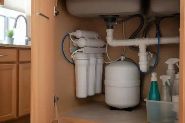 Reverse osmosis filtration system installed under a kitchen sink in a home in Phoenix, AZ.