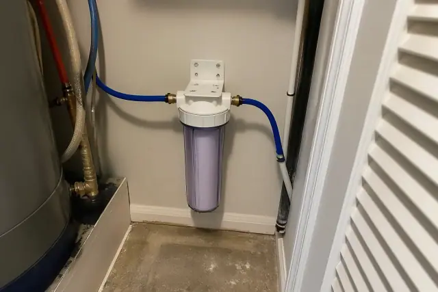 New sediment filter installation with PEX tubing in a small apartment mechanical closet in Tempe, AZ.