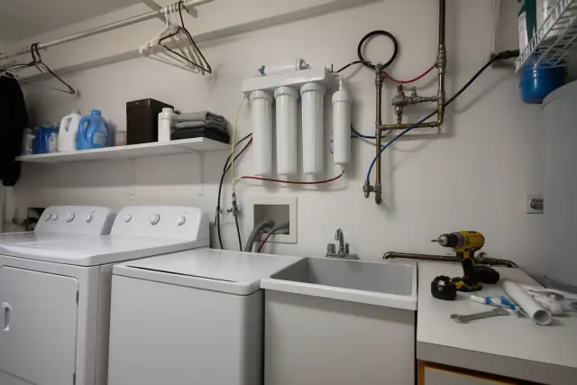 Reverse osmosis water filtration system installed on a laundry room wall in Tempe, AZ.