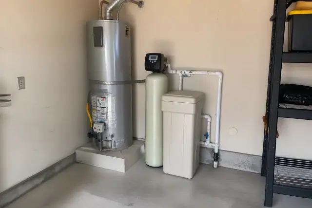 Salt-based water softener installed next to a water heater in a residential garage in Tempe, AZ.