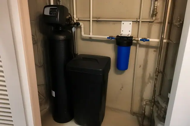 Water softener and sediment filter installation with PEX piping in a small apartment mechanical closet in Tempe, AZ.