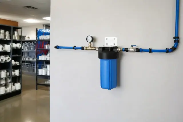 Blue sediment filter housing with PEX plumbing installed on a white wall in a Phoenix, AZ supply room.