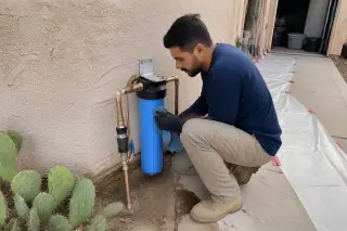 Service technician wiping down a sediment filter housing by a garage wall in a Tempe, AZ yard.