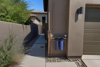 Sediment water filter system with copper piping and pressure gauges installed beside a garage in Tempe, AZ.
