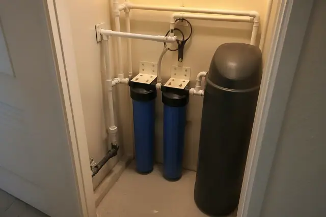Water softener and sediment filtration system installed in a tight mechanical closet in Gilbert, AZ.