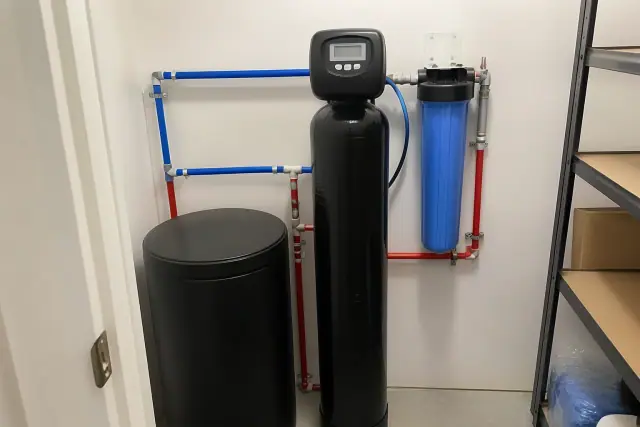 Water softener and sediment filter installation in a utility closet in Avondale, AZ.