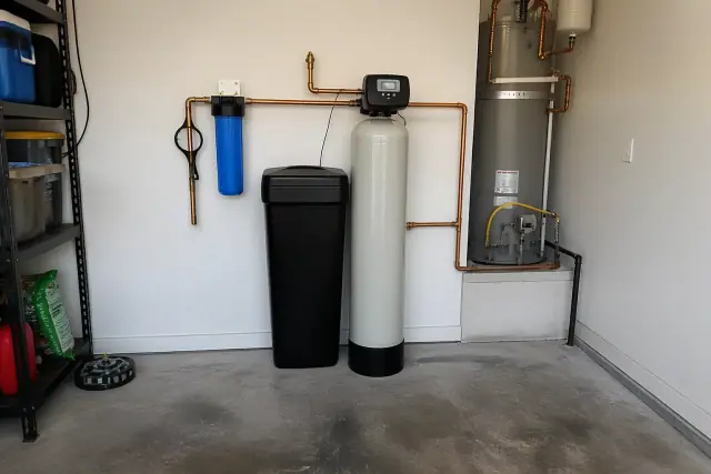Water softener and sediment filter system installed in a garage in Surprise, AZ.