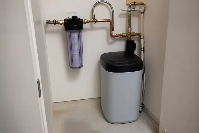Water filtration and softener system installed in a utility closet in Glendale, AZ.