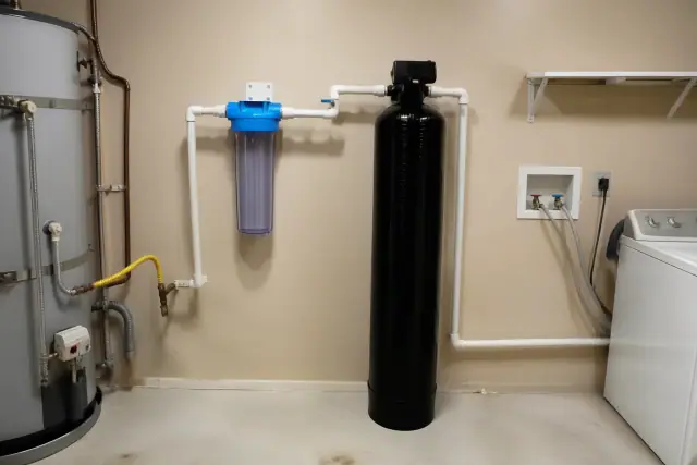 Carbon water filter system with sediment pre-filter and PVC piping in a Tempe, AZ residential laundry room.