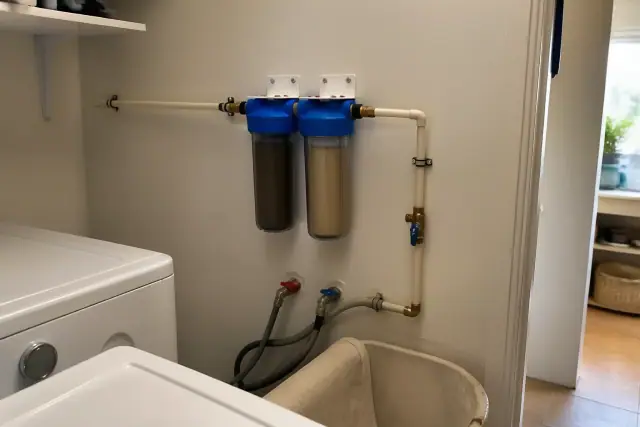 Sediment pre-filter system with clear canisters and PEX piping installed in a laundry room in Tempe, AZ.