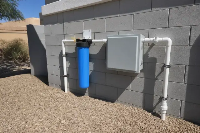 Commercial water filtration system with PVC piping mounted on a grey cinder block wall in Tempe, AZ.