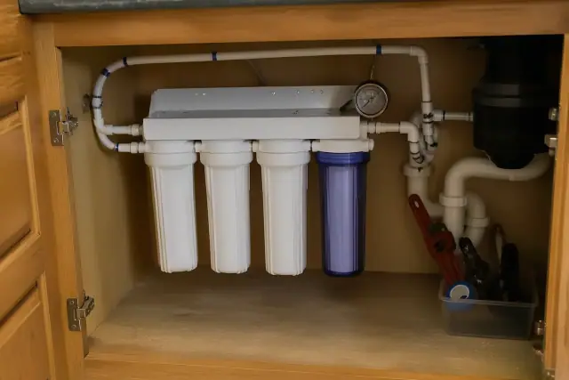 A whole-house water filtration system installed under a kitchen sink cabinet in Tempe, AZ.