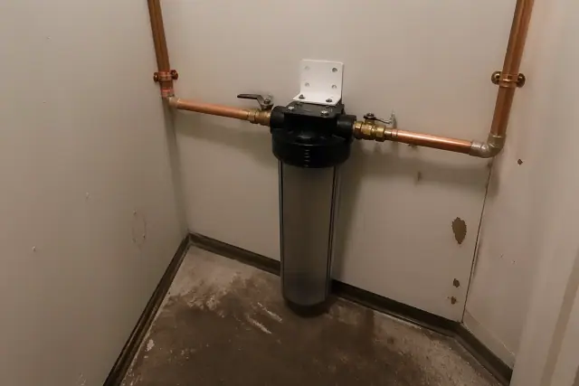 Spin-down sediment filter installed on copper piping in a utility closet in Tempe, AZ.