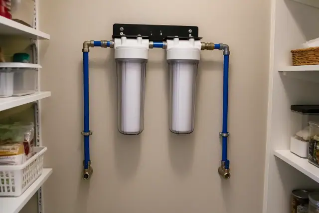 Sediment water filtration system with blue pipes installed on a pantry wall in a home in Tempe, AZ.