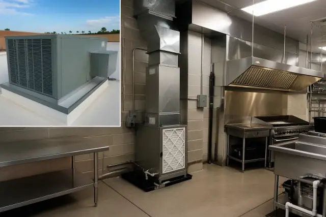 Commercial HVAC system after maintenance in a restaurant utility area in Tempe, AZ.