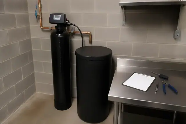 Water softener system with copper piping installed in a commercial kitchen in Tempe, AZ.