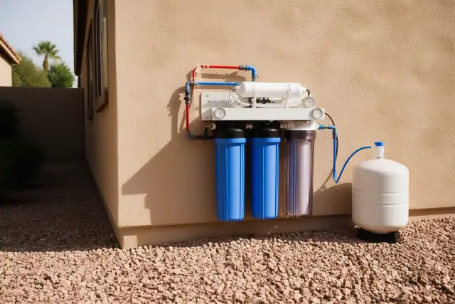 Reverse osmosis water filtration system installed on a stucco home exterior in Tempe, AZ.