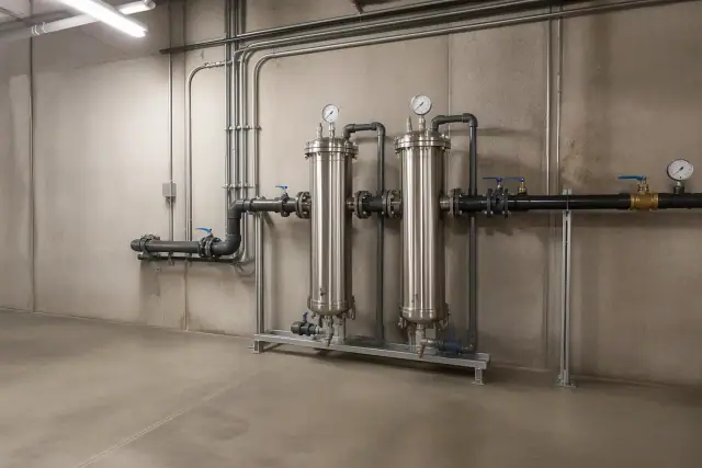 Stainless steel carbon filter installation with gauges and piping in a commercial mechanical room in Tempe, AZ.