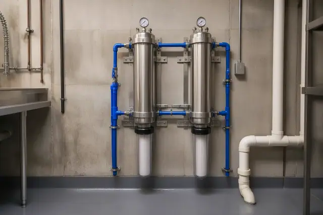 Industrial sediment filtration system with blue piping mounted on a wall in a Tempe, AZ restaurant utility room.