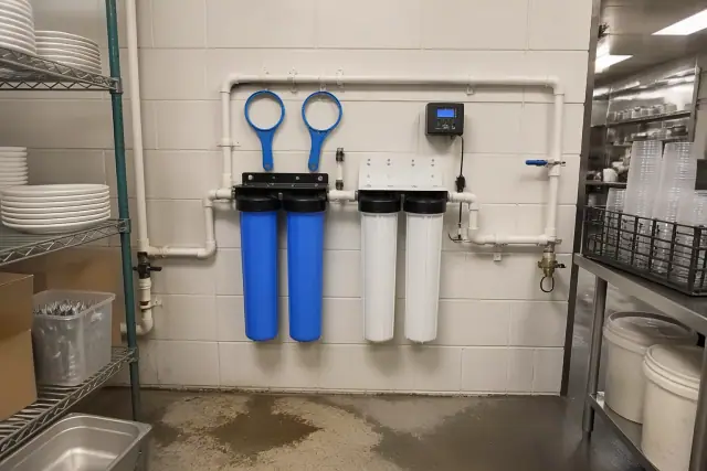 Water filtration system with PVC piping and a digital monitor installed in a Tempe, AZ restaurant utility room.