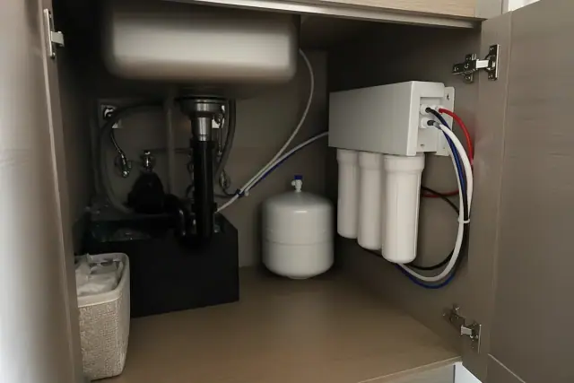 Tankless reverse osmosis water filtration system installed under a sink in a Tempe, AZ apartment.