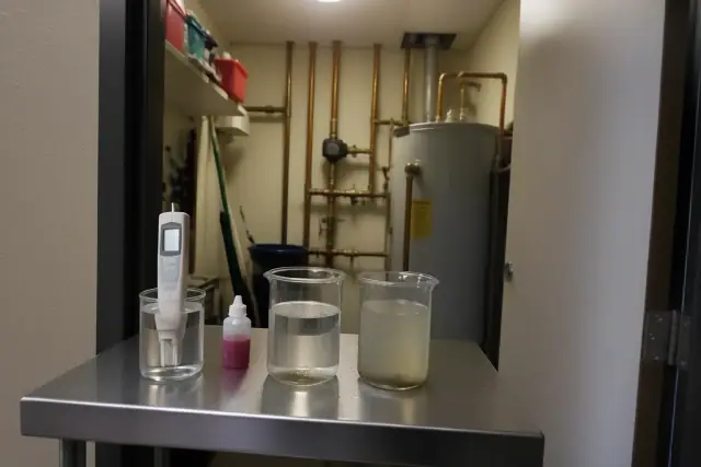 Water quality testing equipment on a workbench in a utility closet in Tempe, AZ.