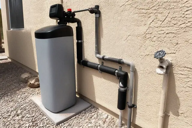 Water softener unit installed on the side of a stucco house with visible plumbing in Tempe, AZ.