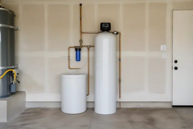 Water softener system with copper piping installed in a residential garage in Tempe, AZ.