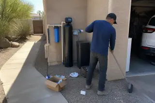 Technician cleaning a water filtration work zone next to a garage in a Tempe, AZ desert yard.
