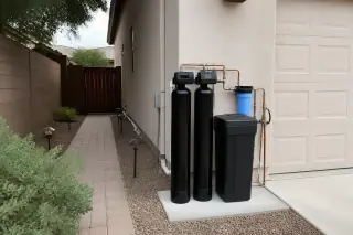Water filtration system with plumbing installed beside a stucco garage in a Tempe, AZ desert yard.