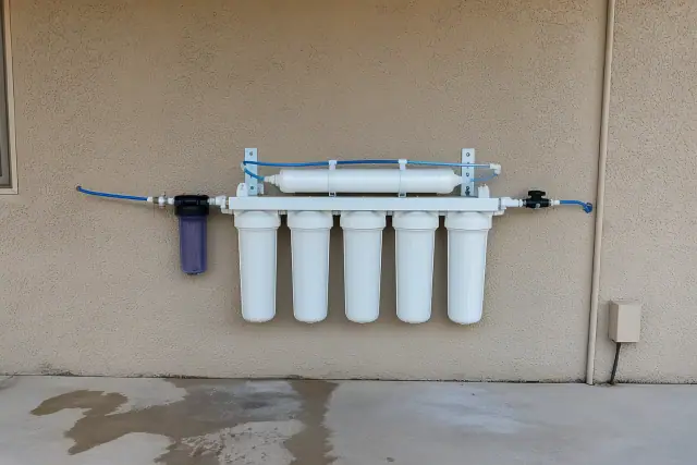 Five-stage reverse osmosis water filtration system installed on a stucco wall in Tempe, AZ.