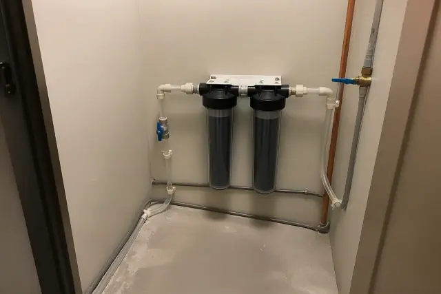 Carbon filter installation mounted on the wall inside an office utility closet in Tempe, AZ.