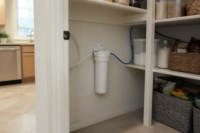 New water filter housing and tubing installed under a sink in a residential pantry in Tempe, AZ.