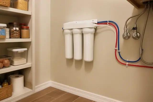 Under-sink water filtration system installed in a pantry in Surprise, AZ.