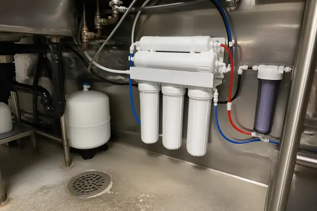 Under-sink reverse osmosis water filtration system installed in a Tempe, AZ restaurant kitchen.