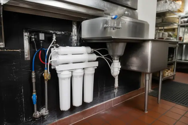 Reverse osmosis water filtration system installed under a sink in a commercial kitchen in Tempe, AZ.