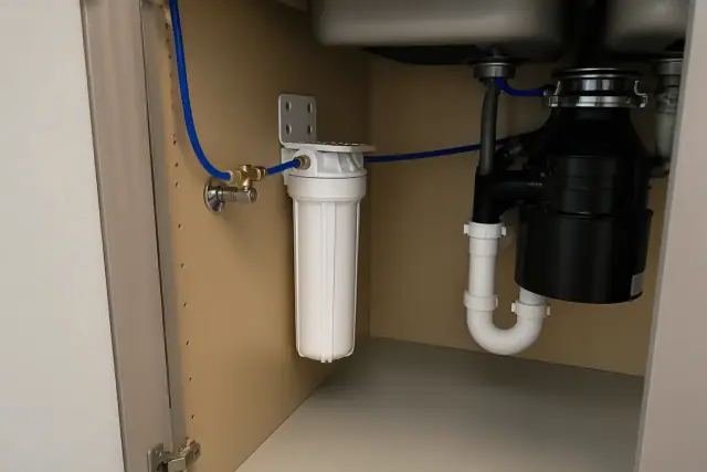 Under-sink water filter installation with plumbing and blue tubing in a Tempe, AZ apartment closet.