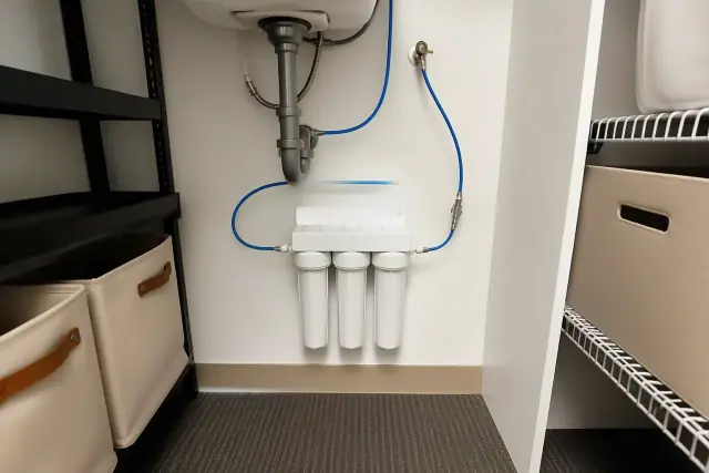 Under-sink water filter system installed in an office utility closet in Chandler, AZ.