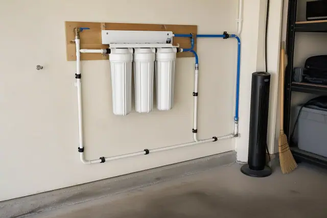 Under-sink water filter system installed on a wooden board in a garage in Tempe, AZ.