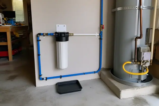 Under-sink water filtration system with PEX tubing installed in a Peoria, AZ garage next to the water heater.