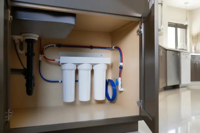 Under-sink water filtration system installed in a modern kitchen cabinet in Scottsdale, AZ.