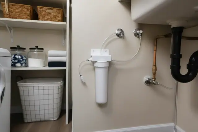 Water filtration system installed under a laundry room sink in Gilbert, AZ.