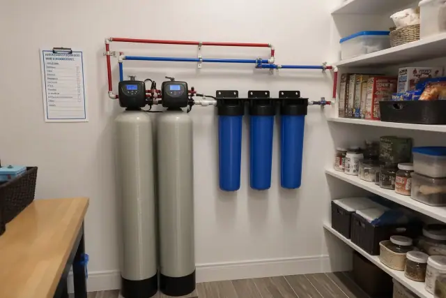 Whole-house water filtration system with blue housings and tanks installed in a pantry in Tempe, AZ.