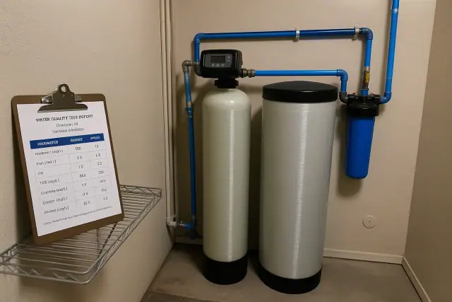 Water softener and filtration system installed in an apartment mechanical room in Goodyear, AZ.
