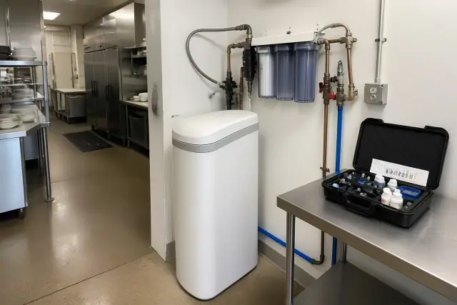 Water softener and filtration system installed in a restaurant utility room in Gilbert, AZ.