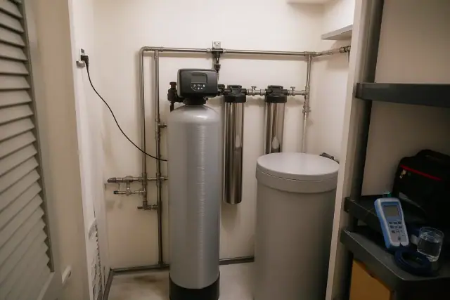 Newly installed water softener and filtration system in a Peoria, AZ utility closet.